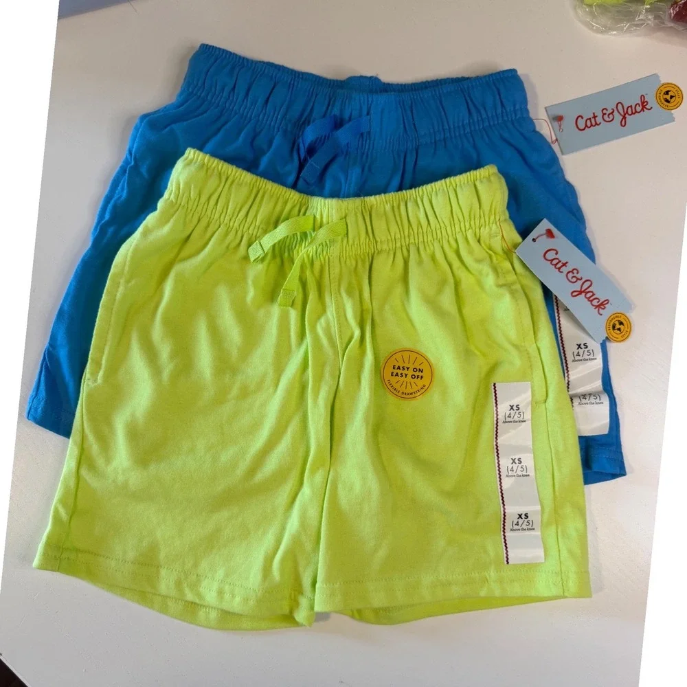 Cat & Jack Kids 2 Pack Jersey Shorts Neon Yellow Blue XS 4/5 Drawstring Pockets